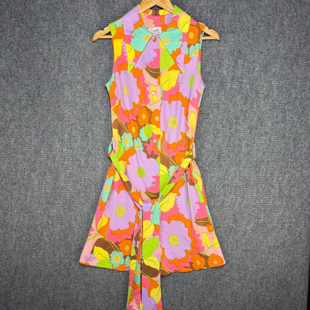 Vintage 60s 70s Mod Floral Dress Sleeveless Button Front Psychedelic Pink L